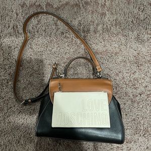 Love Moschino bag crossbody black white and tan.
